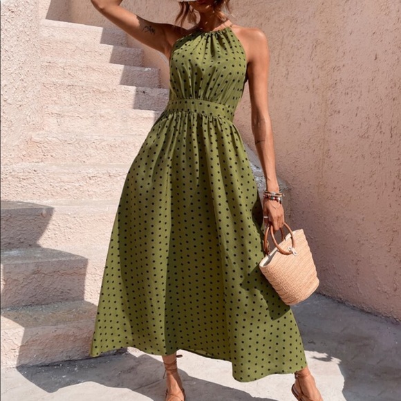 Boho Polka Dot Halter Maxi Dress Brown - Picture 3 of 13